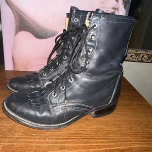 Laredo Leather Boots Womens 6.5M Black Roper Distressed Kiltie Lace Up